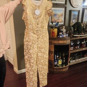 Storia Gold Floral Jumpsuit with Ruffled Neckline